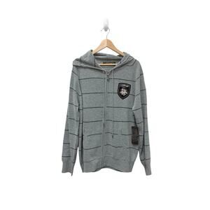 NWT Ed Hardy Mens Patch Knitted Striped Zip Up‎ Hoodie Sweater Gray Size L